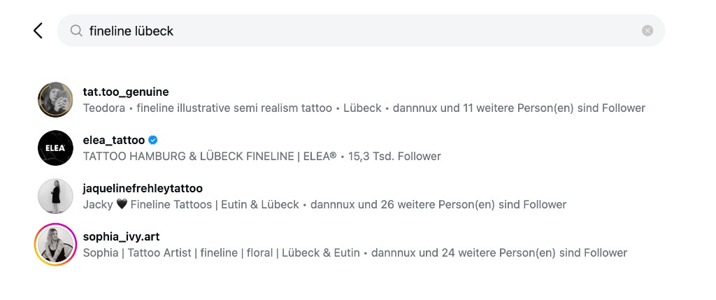 Instagram-Suche nach „fineline lübeck“ mit Sophia in den Ergebnissen