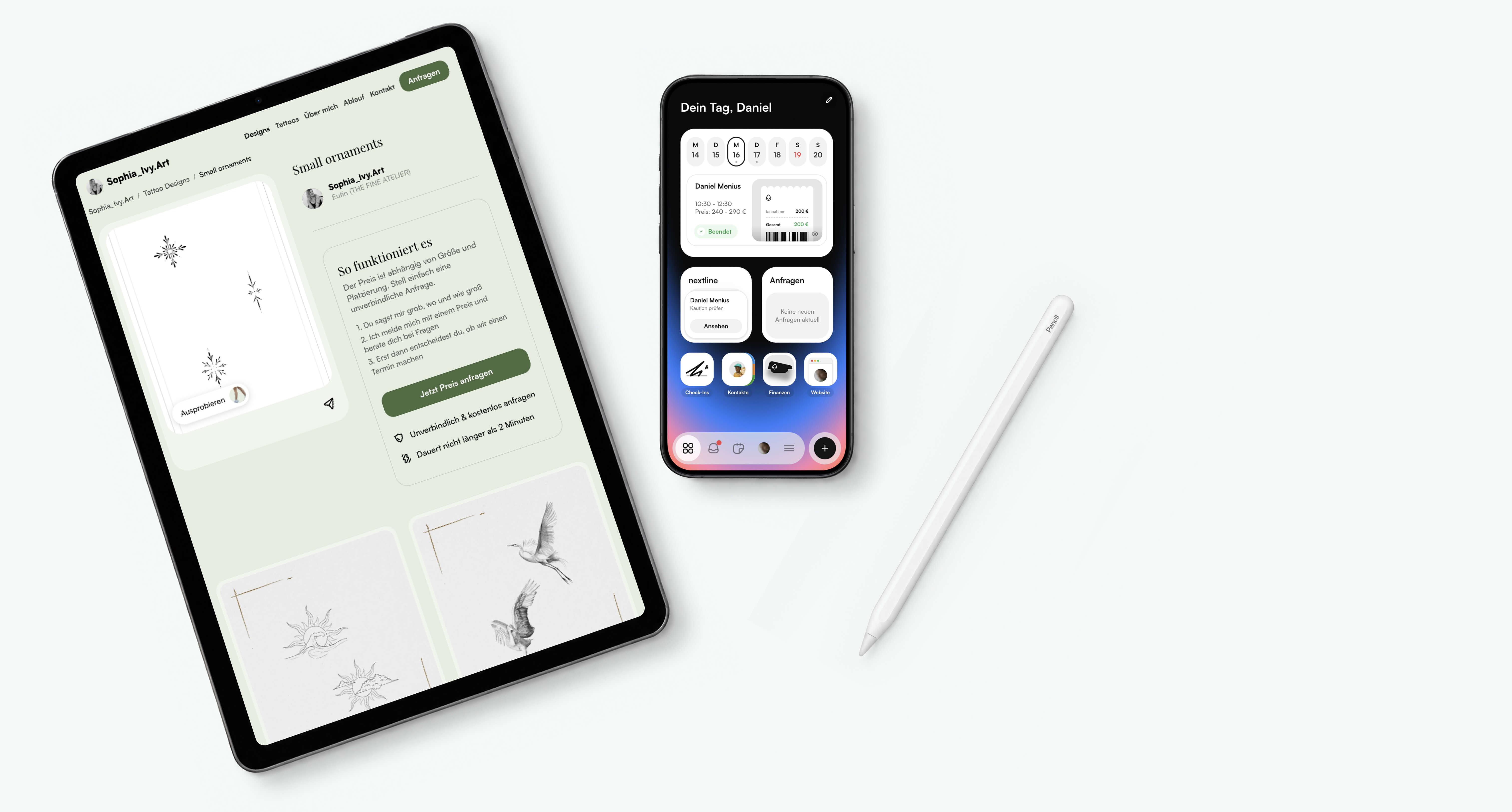 Tablet und iPhone mit tatme. Links die Artist-Page, in der Mitte die Tagesübersicht.